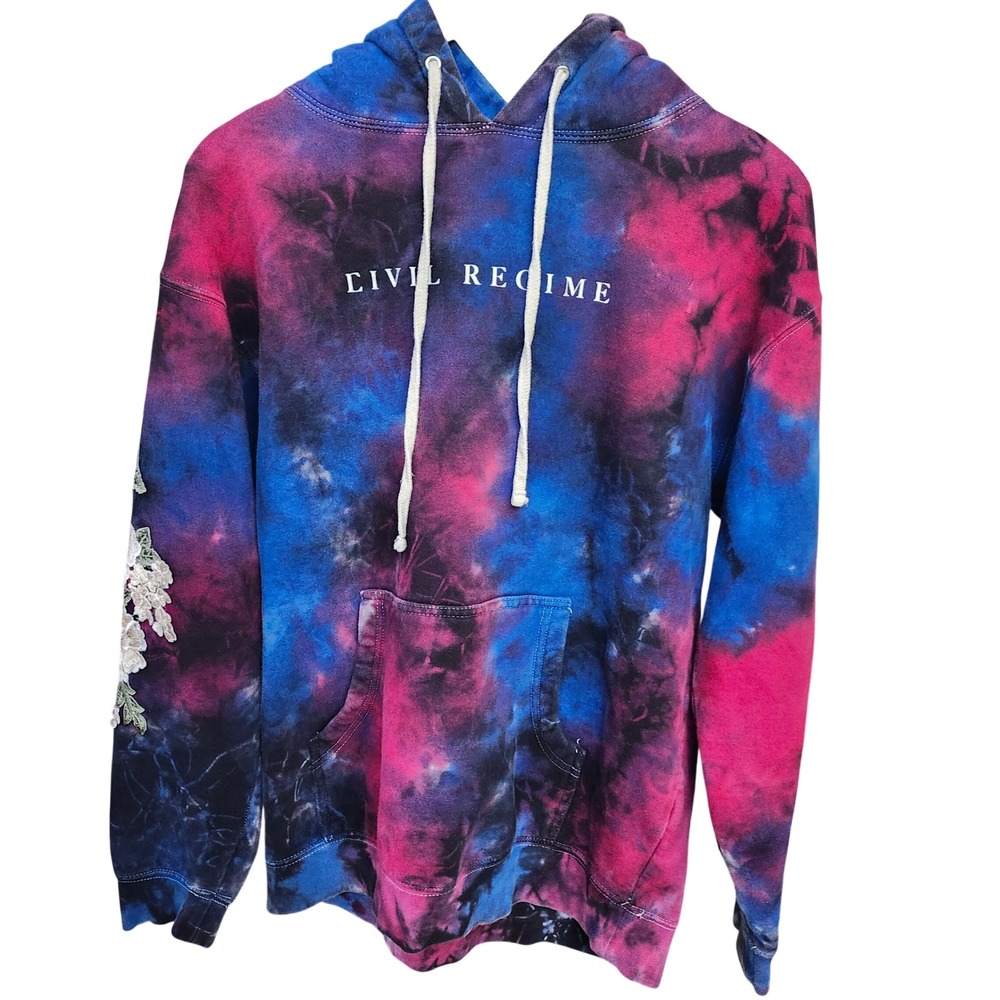 Civil Regime Pink Blue Galaxy Tie Dye Floral Lace Applique Hoodie Small